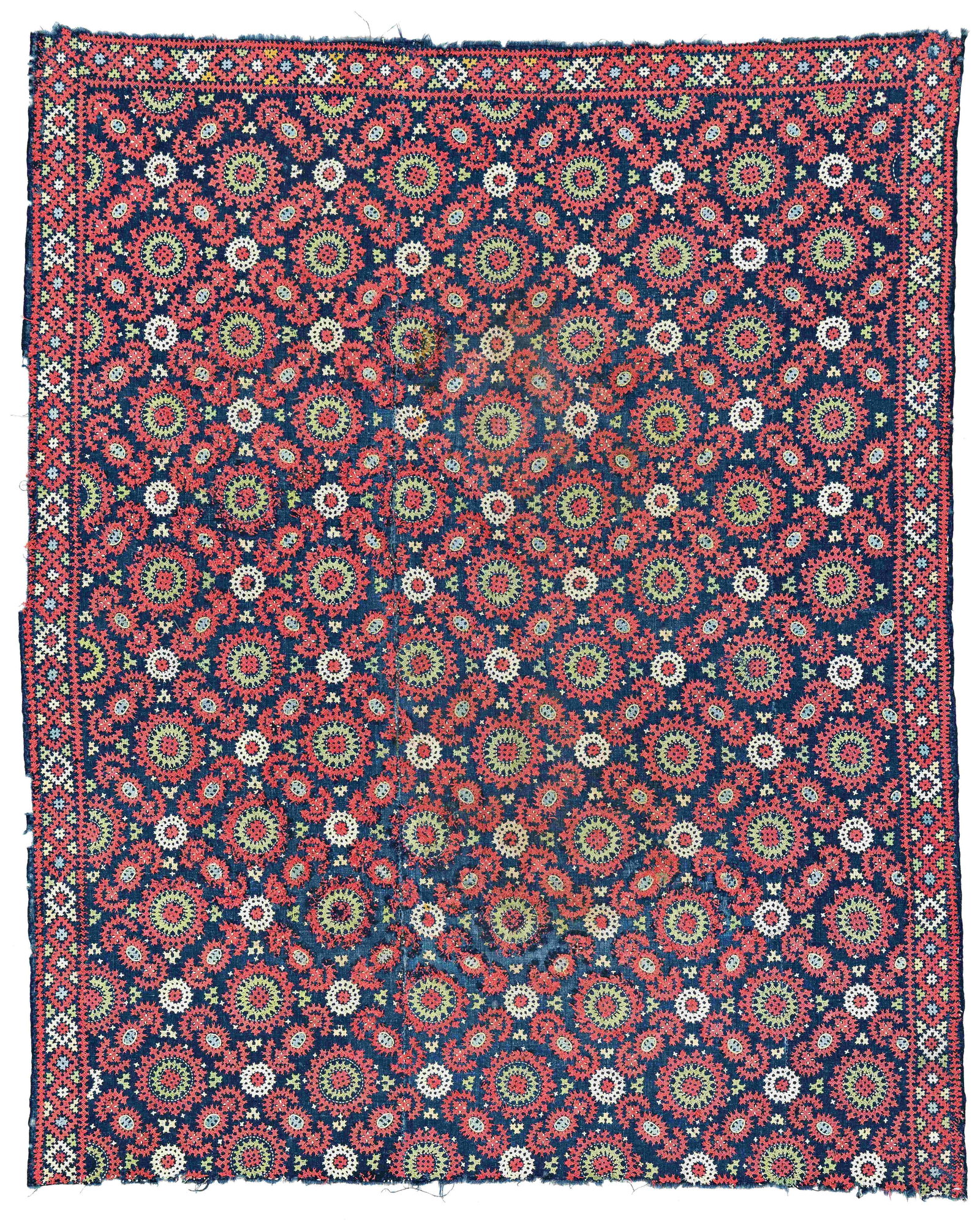 Armenian (Marash) Embroidery Fragment: Armenian (Marash) Embroidery Fragment 143 x 116 cm (4' 8" x 3' 10") Armenia, ca. 1900 Condition: fragment, several small repairs, slight abrasions, sides and ends partially damaged, signs of use Cotto