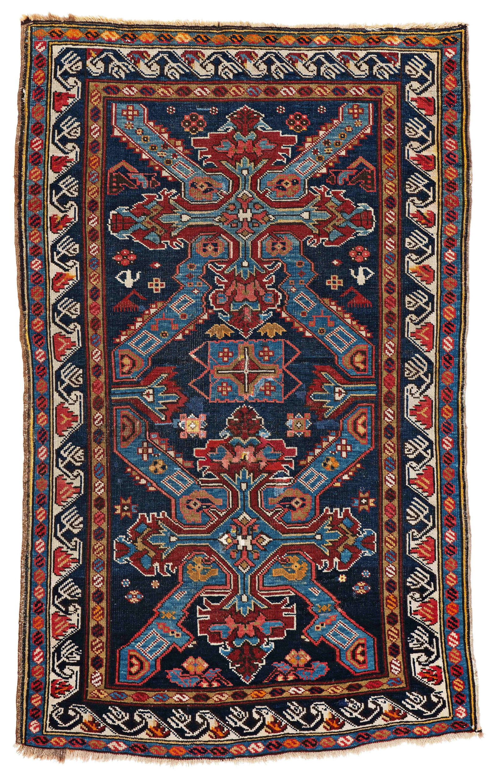 Seychour Rug: Seychour 158 x 97 cm (5' 2" x 3' 2") Caucasus, ca. 1900 Condition: good, low pile, scattered small repairs, slight signs of use Warp: wool, weft: wool, pile: wool