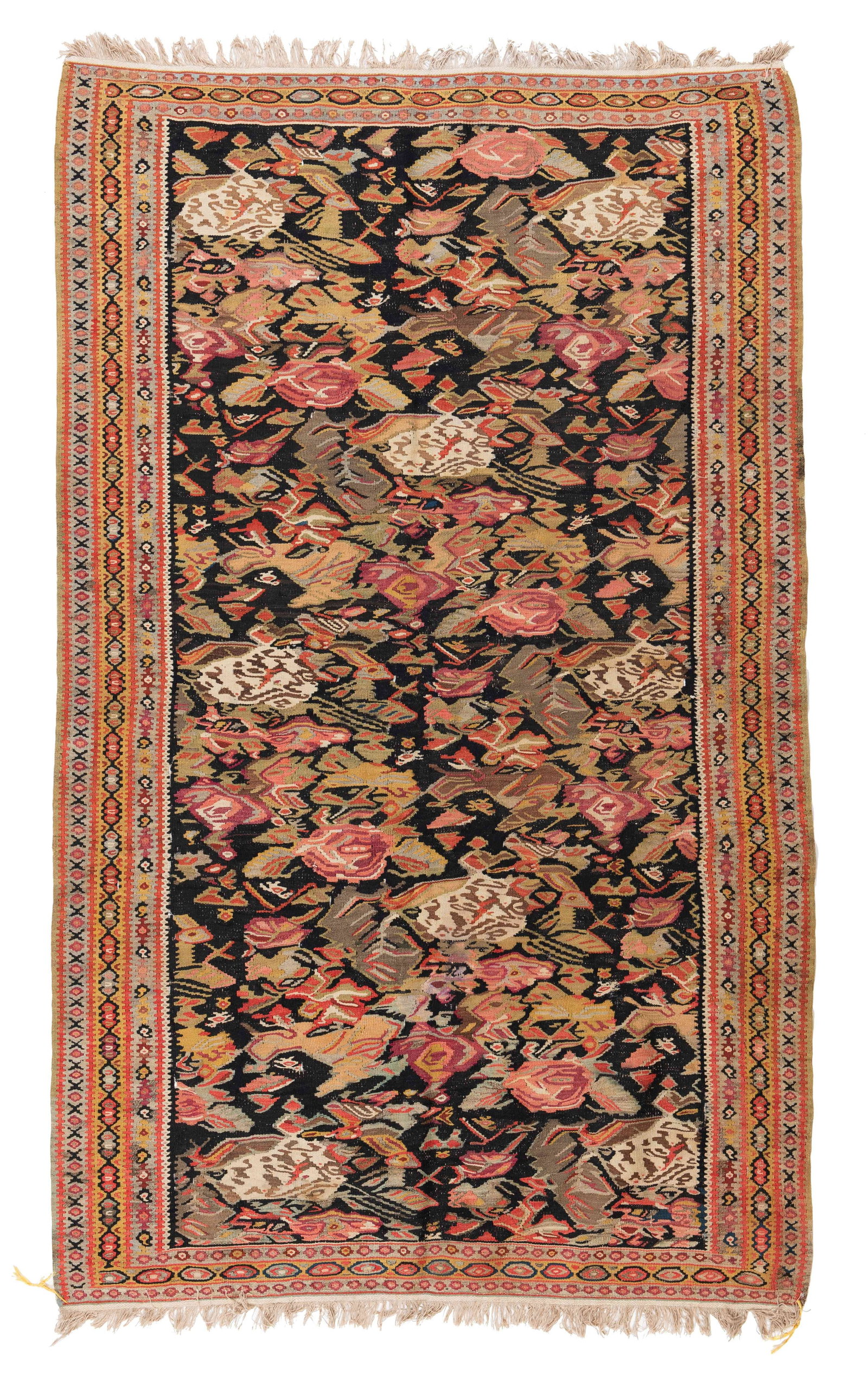 Senneh Kilim: Senneh Kilim 201 x 125 cm (6' 7" x 4' 1") Persia, ca. 1930 Condition: good, both ends slightly restored, scattered small repairs, slight signs of use Warp: cotton, weft: wool