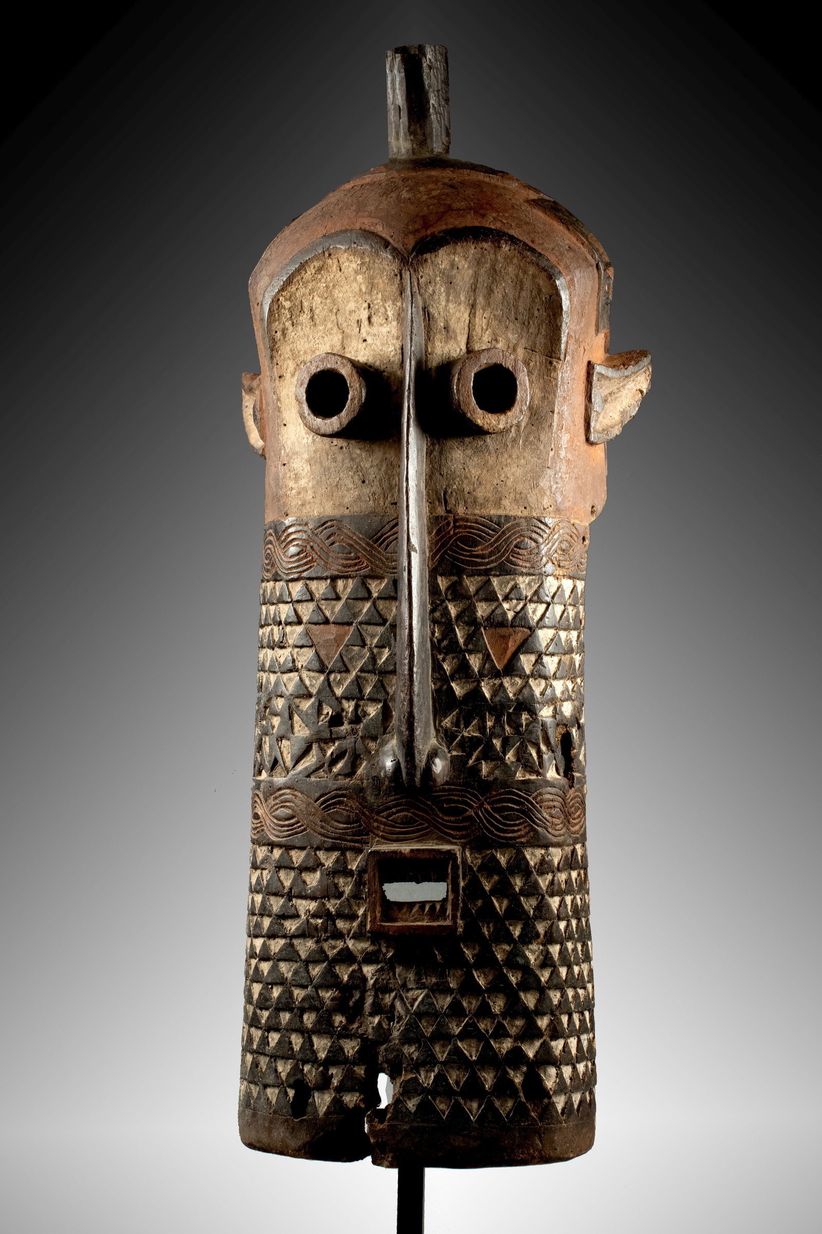 Chief's Mask, Pumbu: Chief's Mask, Pumbu Congo, 79 cm (2' 7") An outstanding danced chief's mask of the Pende, used on special occasions such as the illness of the chief or during significant village crises, such as famin