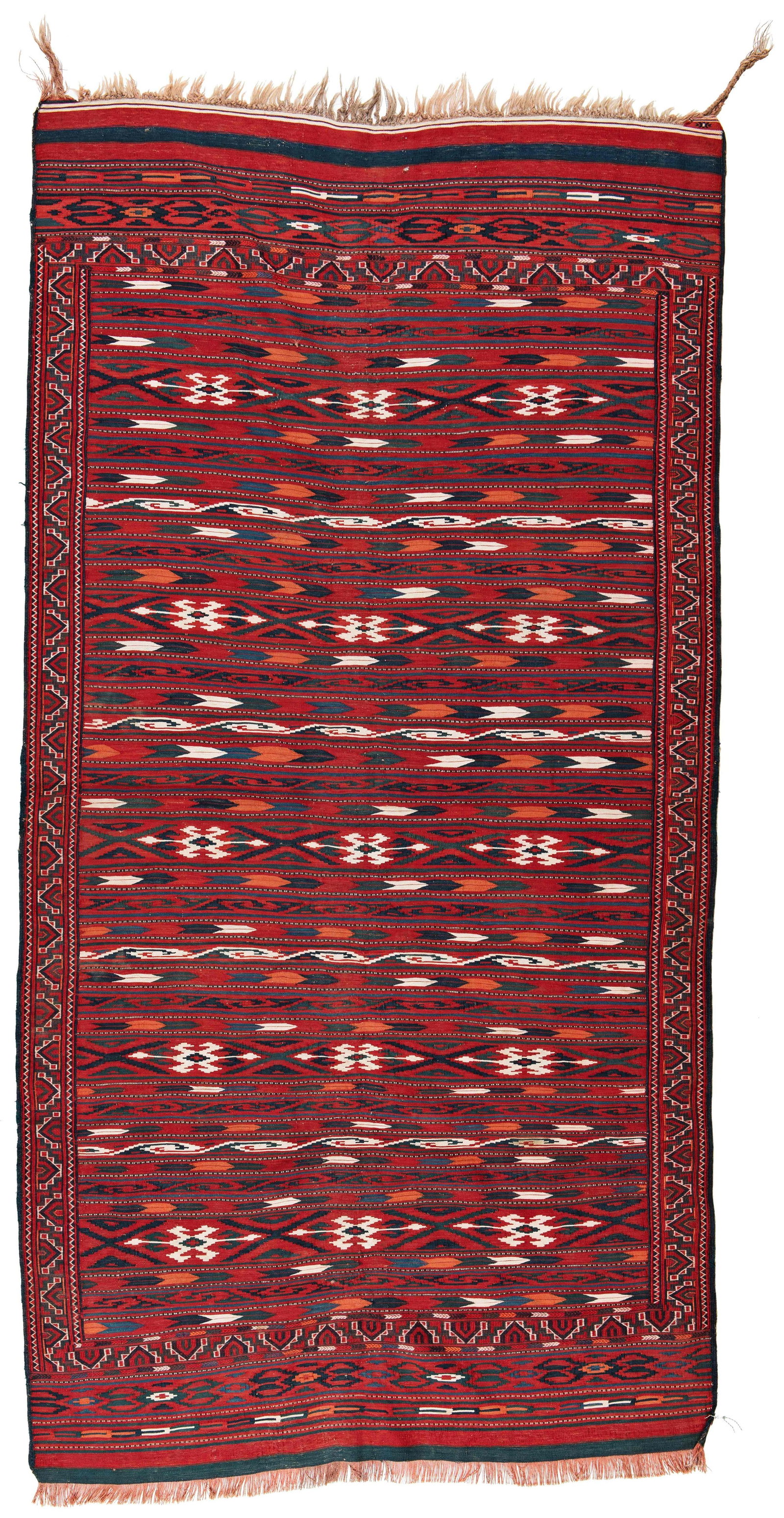 Göklan Striped Kilim: Göklan Striped Kilim 253 x 130 cm (8' 4" x 4' 3") Turkmenistan, late 19th century Condition: very good, selvages partially rebound, minor signs of use Warp: wool, weft: wool and cotton