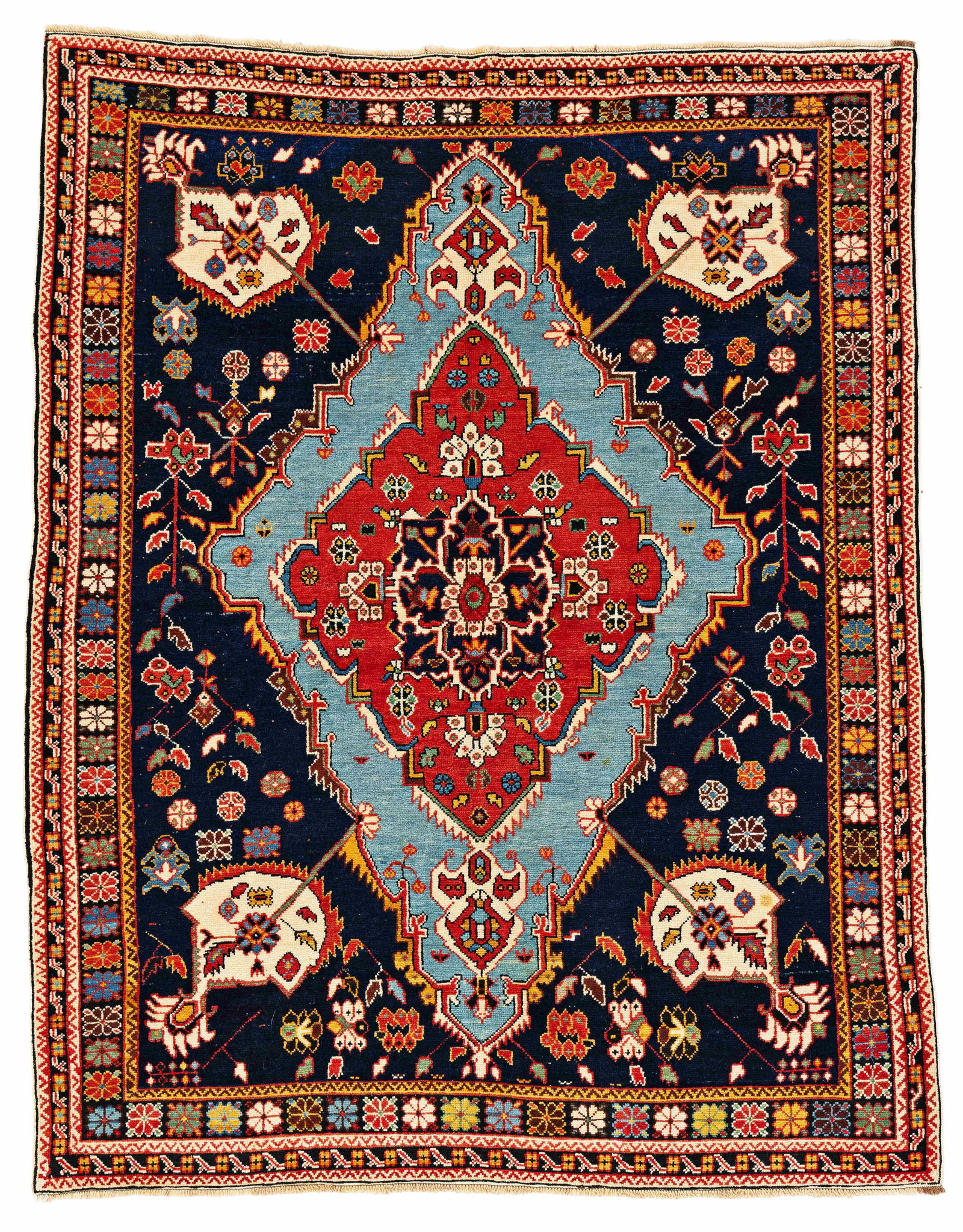 Shirvan Rug: Shirvan 160 x 125 cm (5' 3" x 4' 1") Caucasus, late 19th century Condition: very good, mostly good pile, left lower corner minimally restored, backside slightly stained Warp: wool, weft: cotton, pile: