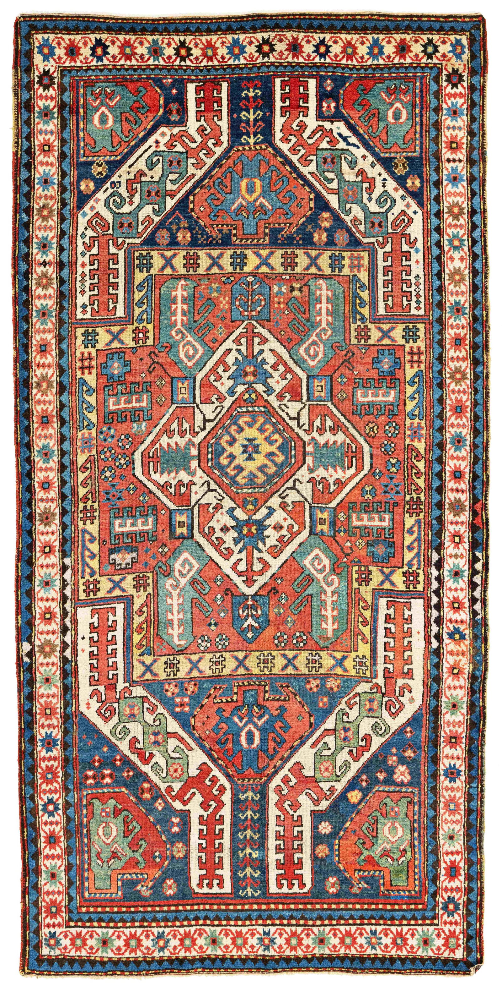 Kasim Ushak Kazak Rug: Kasim Ushak Kazak 250 x 125 cm (8' 2" x 4' 1") Armenia, late 19th century Condition: good, low pile in places, both ends restored, several old repairs, slight signs of use Warp: wool, weft: wool, pile