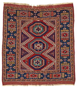 Early Bergama: Early Bergama 176 x 158 cm (5' 9" x 5' 2") Turkey, second half 18th century Condition: good according to age, low pile in places, partially corroded dark brown, scattered small holes, small repairs an
