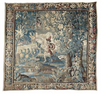 Tapestry Fragment: 247 x 262 cm (8' 1" x 8' 7") France, 18th century Condition: fragment, several abrasions, partially corroded dark brown, several repairs, signs of use Wool and cotton on wool