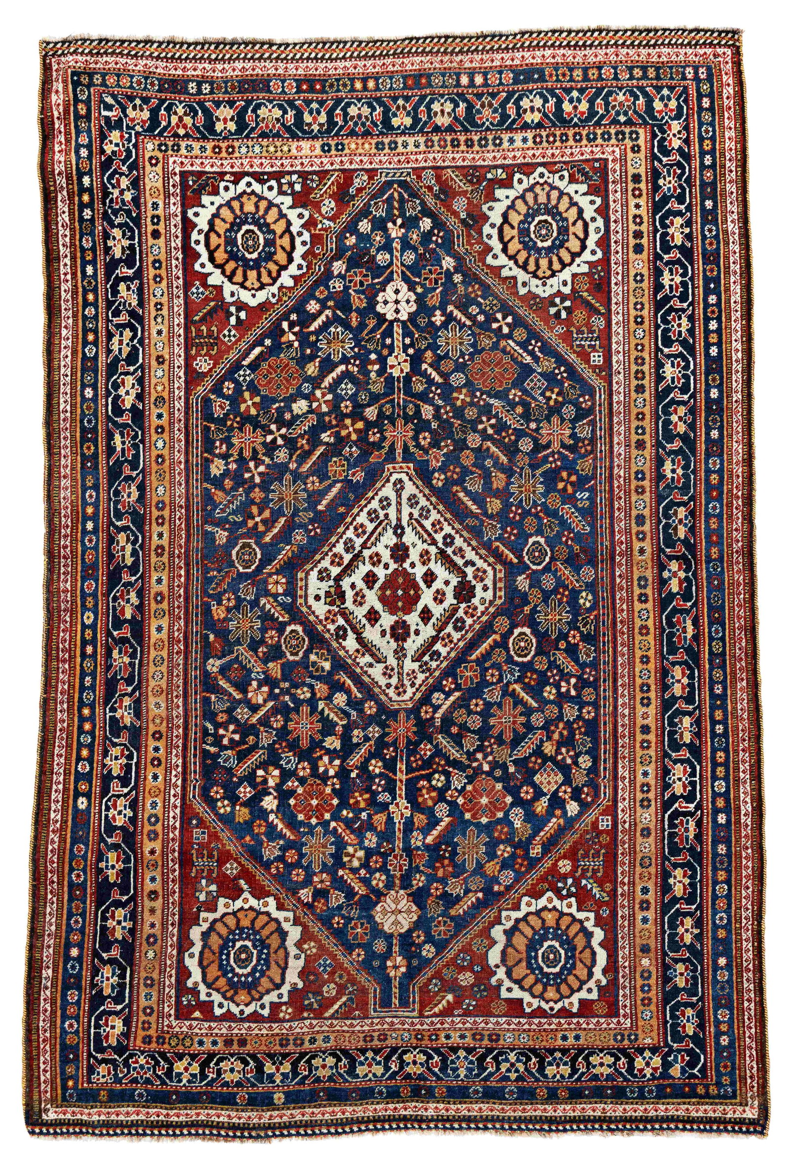 Shiraz Torki Rug: 241 x 158 cm (7' 11" x 5' 2") Persia, ca. 1920 Condition: good, low pile in places, signs of use at sides and ends, minor small repairs Warp: wool, weft: wool, pile: wool