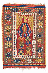 Small Konya Kilim: 135 x 94 cm (4' 5" x 3' 1") Turkey, late 19th century Condition: good, both ends partially damaged, several small repairs, signs of use Warp: wool, weft: wool