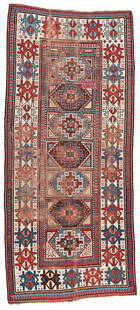 Kazak Rug: 250 x 110 cm (8' 2" x 3' 7") Caucasus, late 19th century Condition: used, low pile, foundation partially visible, several small repairs and reweavings, signs of use Warp: wool, weft: wool, pile: wool