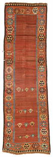 Obruk Kilim: 398 x 120 cm (13' 1" x 3' 11") Turkey, mid 19th century or before Condition: good according to age, several old repairs, selvages partially damaged, slightly stained Warp: wool, weft: wool