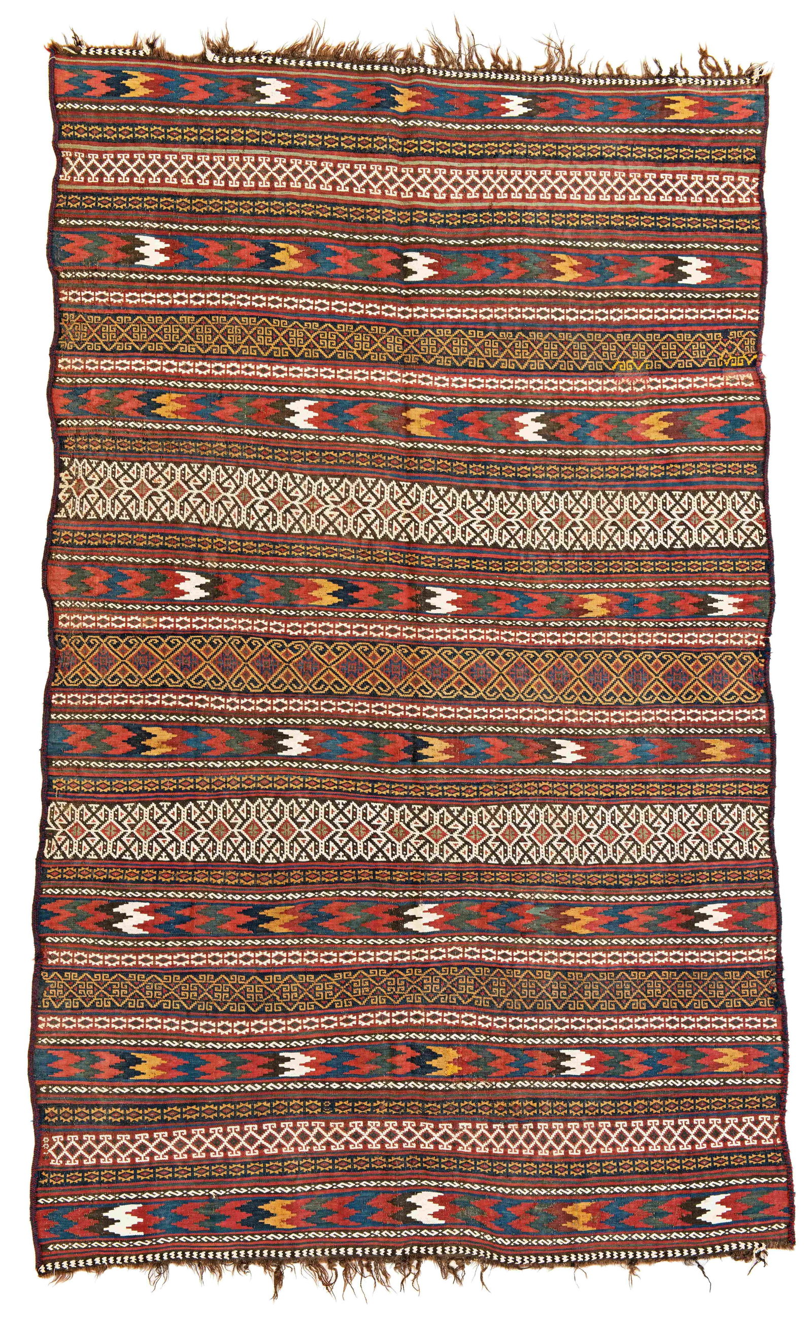 Afshar Kilim: 255 x 153 cm (8' 4" x 5') Persia, ca. 1920 Condition: good, scattered small repairs, slight abrasions, signs of use at ends and sides Warp: wool, weft: wool and cotton