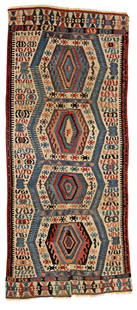 Balikesir Kilim: 370 x 154 cm (12' 2" x 5' 1") Turkey, first half 19th century Condition: very good according to age, several small repairs, slightly stained Warp: wool, weft: wool