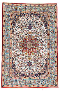 Small fine Isfahan Rug: 158 x 106 cm (5' 2" x 3' 6") Persia, ca. 1970 Condition: very good, full pile, fringes slightly incomplete Warp: silk, weft: silk, pile: wool
