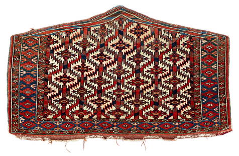 Yomut Asmalyk: 118 x 70 cm (3' 10" x 2' 4") Turkmenistan, second half 19th century Condition: good, low pile in places, lower kilim end damaged, minor small repairs, signs of use at the sides Warp: wool, weft: wool,