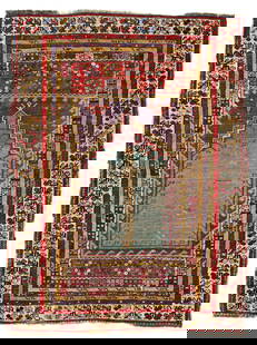 Kirsehir Prayer Rug: 157 x 119 cm (5' 2" x 3' 11") Turkey, second half 19th century Condition: used, low pile, several old repairs, scattered small holes, both ends partially slightly incomplete, signs of use Warp: wool,