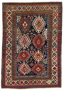 Bordjalou Kazak Rug: 229 x 159 cm (7' 6" x 5' 3") Caucasus, ca. 1880 Condition: good, mostly good pile, scattered small repairs, both ends slightly restored Warp: wool, weft: wool, pile: wool
