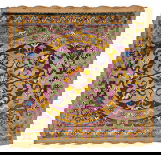 Turkish Silk Rug with Art-Deco-Design: 53 x 50 cm (1' 9" x 1' 8") Turkey, ca. 1920 Condition: very good, good pile, slight signs of use, edged with fabric Warp: silk, weft: silk, pile: silk