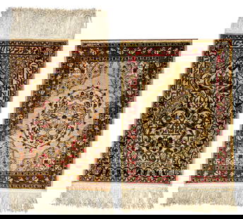 Two Signed Silk Hereke Rugs: 62 x 42 cm (12 x 12 knots per sqcm) and 62 x 48 cm (10 x 10 knots per sqcm) 2' x 1' 5" and 2' x 1' 7" Turkey, ca. 1970 Condition: very good, slight signs of use Warp: silk, weft: silk, pile: silk