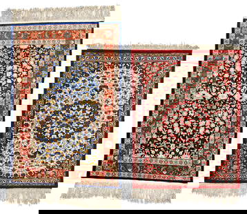 One Signed silk Hereke Rug and one Silk Ghom Rug: 85 x 59 (10 x 10 knots per sqcm) and 73 x 57 cm (8 x 8 knots per sqcm) 2' 9" x 1' 11" and 2' 5" x 1' 10" Turkey and Persia, ca. 1970 Condition: excellent Warp: silk, weft: silk, pile: silk