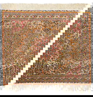 Signed Silk Hereke Rug (16 x 16 knots per sq cm): 83 x 96,5 cm (2' 9" x 3' 2") Turkey, late 20th century Condition: good, full pile, signs of use at the fringes Warp: silk, weft: silk, pile: silk