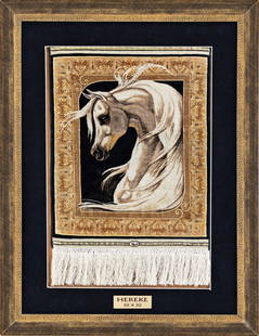 Signed Silk Hereke Rug (22 x 22 knots per sq cm): 30 x 24,5 cm (1' x 9") Turkey, ca. 1990 Condition: excellent, mounted on frame Warp: silk, weft: silk, pile: silk