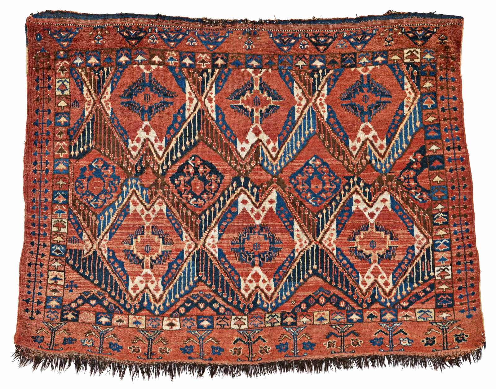 Ersari Chuval: Ersari Chuval 122 x 94 cm (4' x 3' 1") Turkmenistan, late 19th century Condition: good, mostly good pile, scattered small repairs, slight signs of use Warp: wool, weft: wool, pile: wool