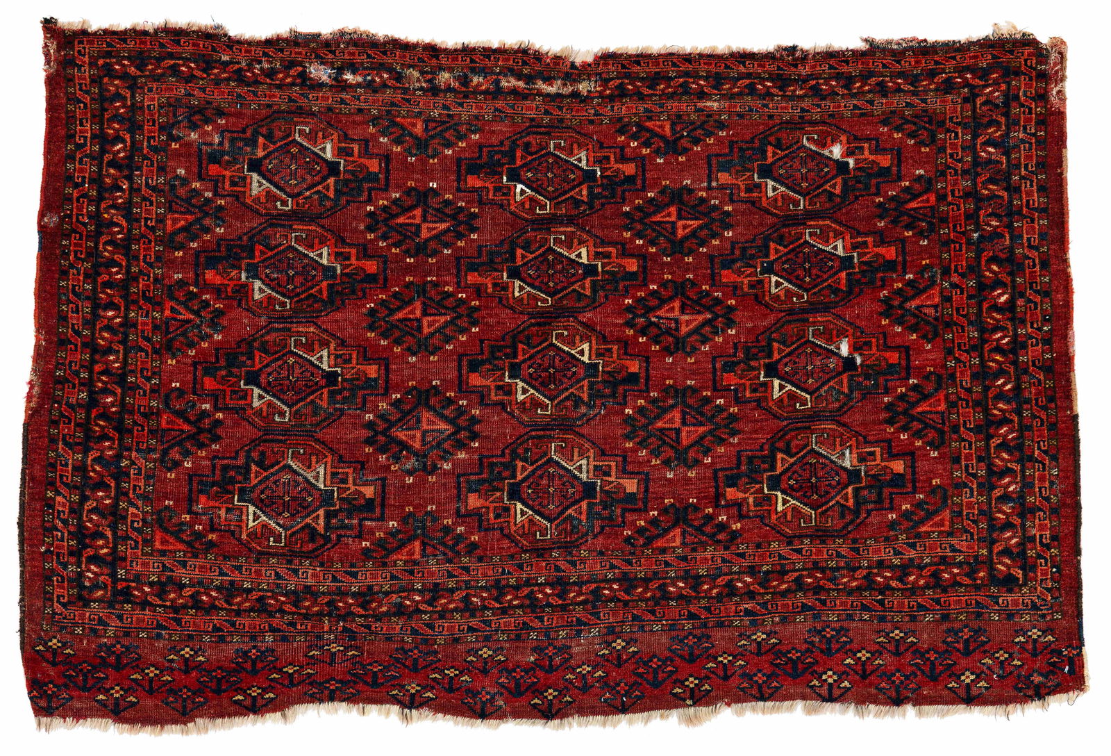 Ersari Chuval Rug: Ersari Chuval 145 x 90 cm (4' 9" x 2' 11") Turkmenistan, second half 19th century Condition: used, partially incomplete all around, low pile, several old repairs and small holes Warp: wool, weft: wool