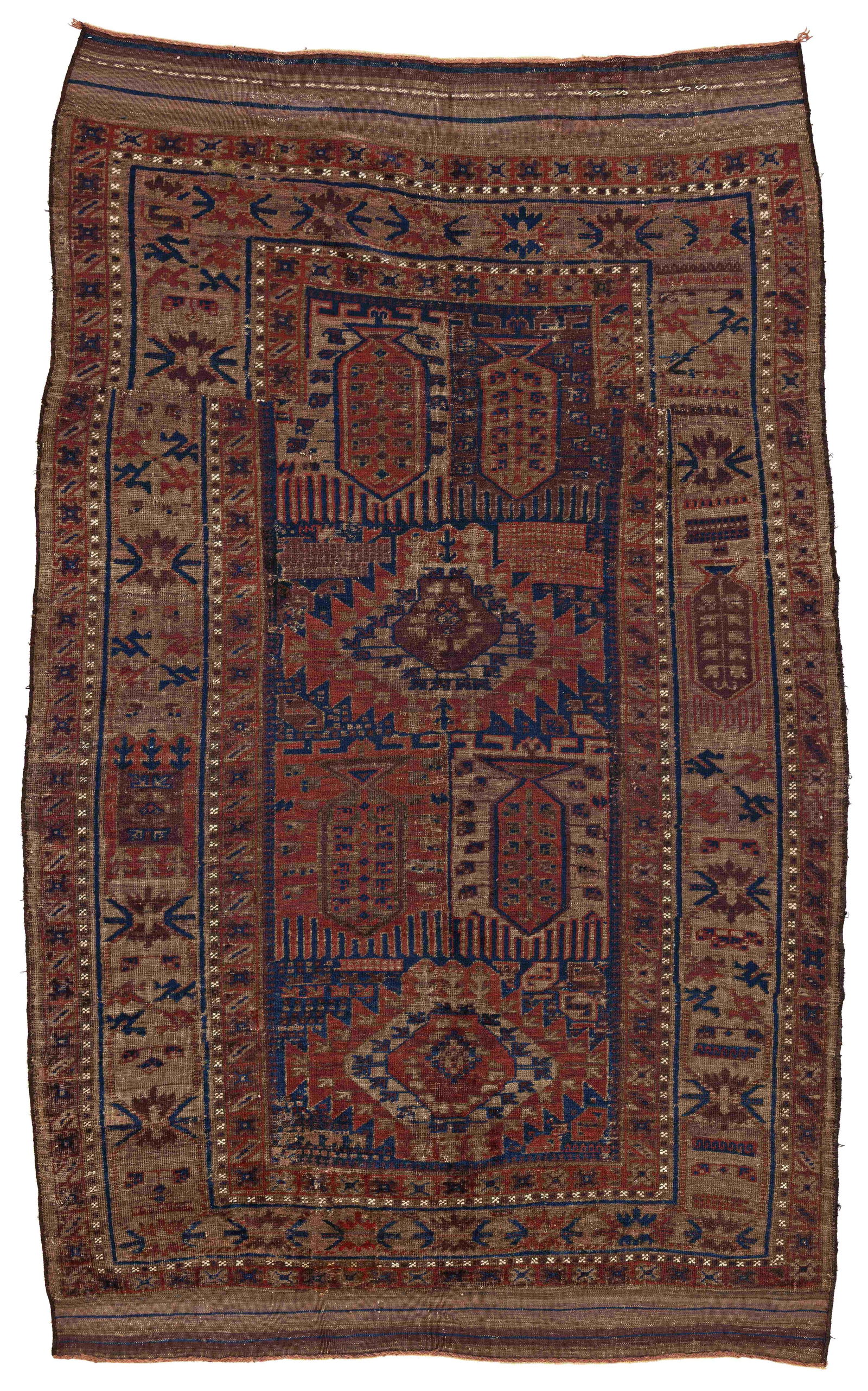 Baluch Timuri Rug: Baluch Timuri 247 x 175 cm (8' 1" x 5' 9") Afghanistan, early 20th century Condition: used, low pile, several small repairs, scattered small moth damage, signs of use Warp: wool, weft: wool, pile: woo