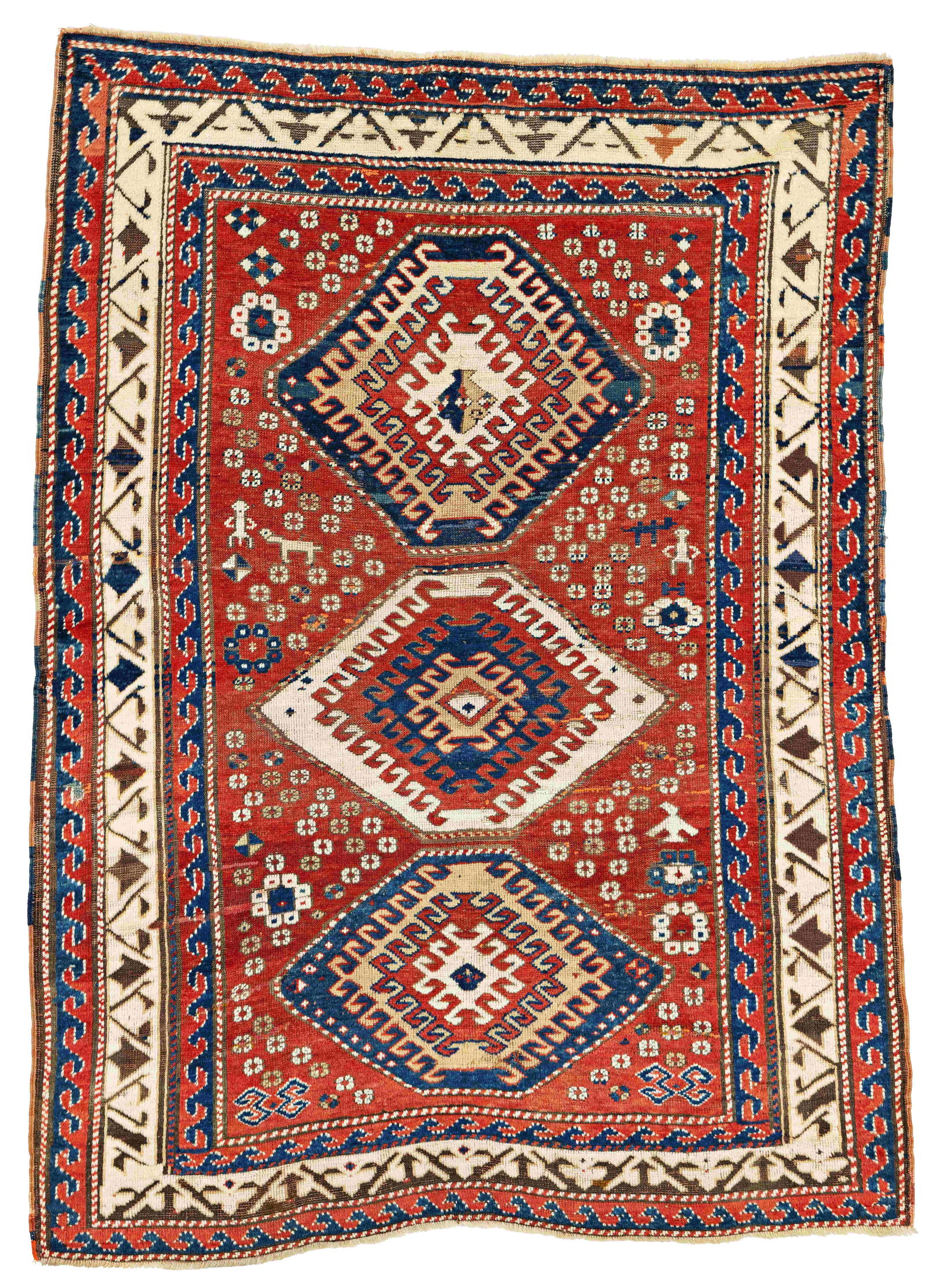 Bordjalou Kazak Rug: Bordjalou Kazak 192 x 138 cm (6' 4" x 4' 6") Armenia, late 19th century Condition: used, low pile in places, corroded dark brown, several small repairs, signs of use Warp: wool, weft: wool, pile: wool