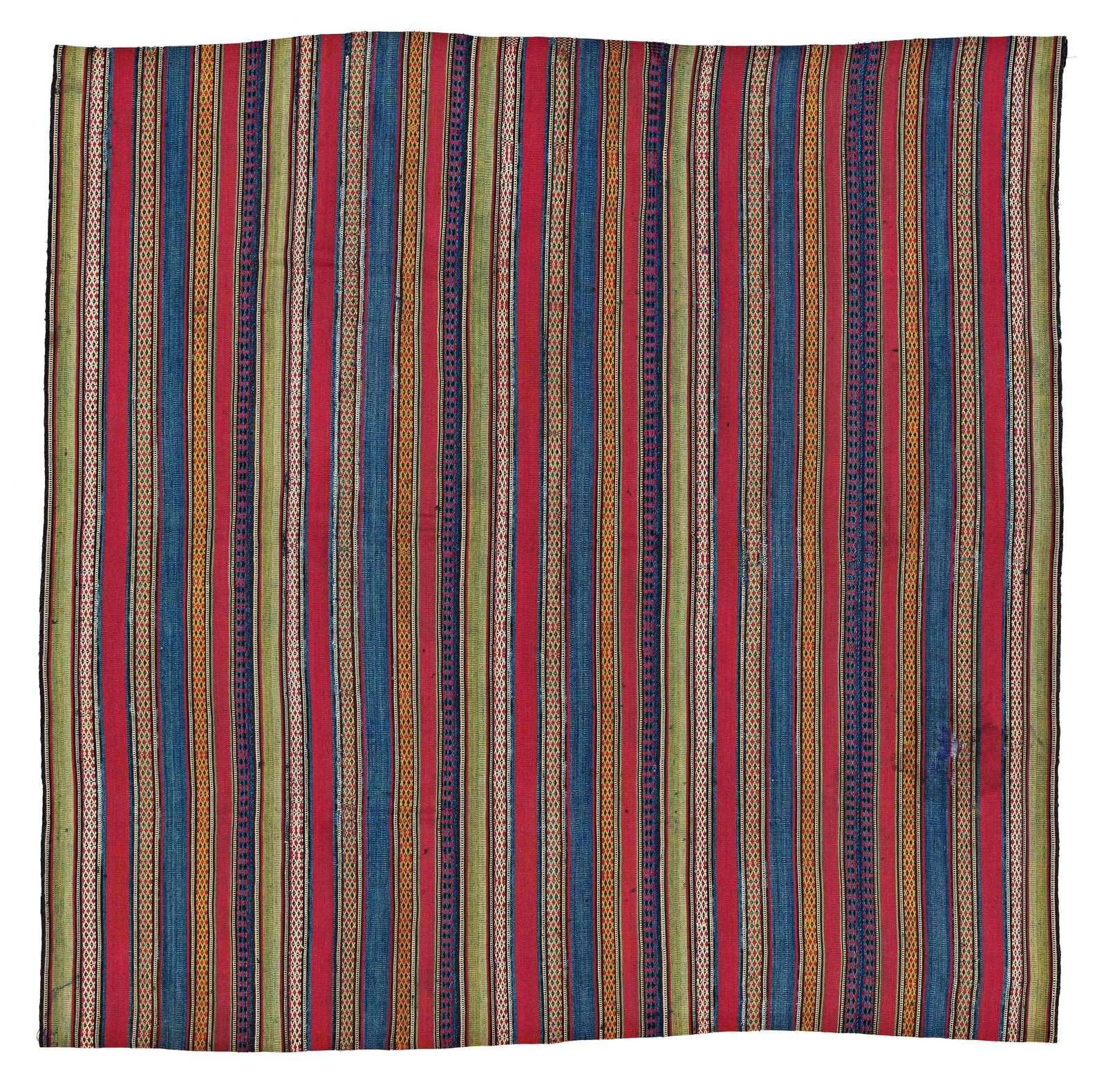 Silk Qashqai Jajim: Silk Qashqai Jajim 145 x 147 cm (4' 9" x 4' 10") Persia, early 20th century Condition: good, some small repairs, slightly stained, slight signs of use Warp: silk, weft: silk