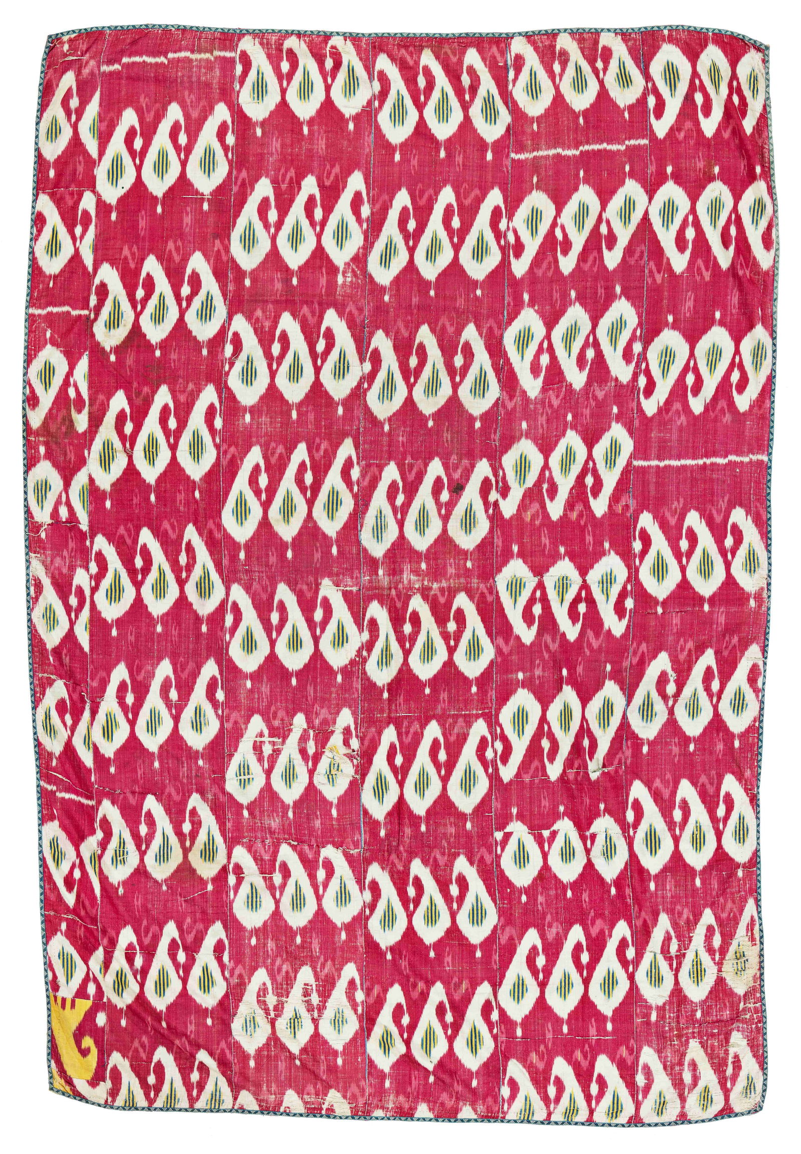 Silk Ikat: Silk Ikat 230 x 156 cm (7' 7" x 5' 1") Uzbekistan, 19th century Condition: used, several tears and small holes, abrasions and signs of use Warp: cotton, weft: silk