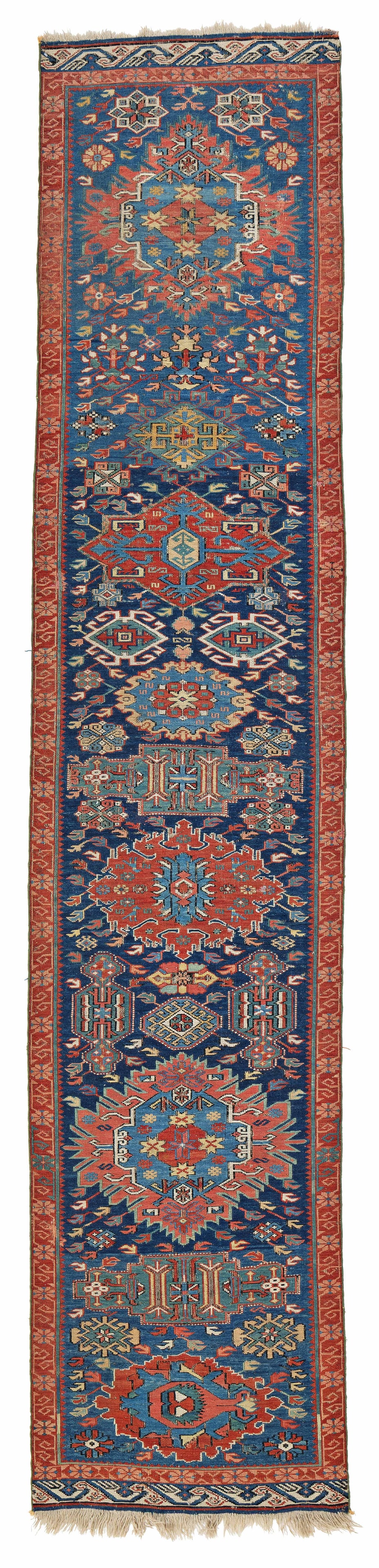 Seychour Soumak: Seychour Soumak 274 x 60 cm (9' x 2') Caucasus, second half 19th century Condition: good, corroded dark brown, scattered small repairs, sides probably incomplete and selvages rebound Warp: wool, weft: