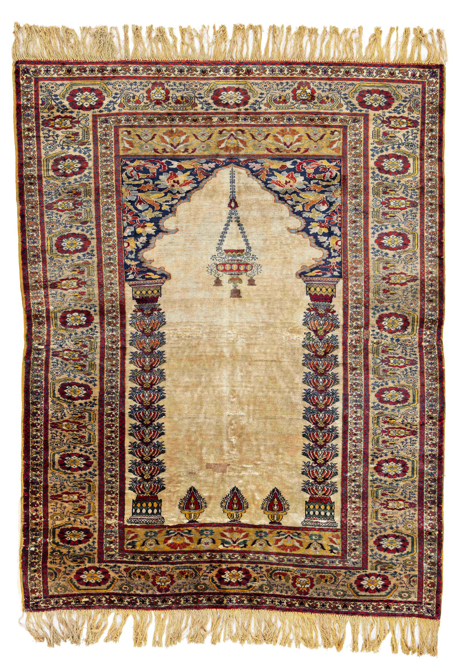Silk Sivas Rug: Silk Sivas 178 x 135 cm (5' 10" x 4' 5") Turkey, early 20th century Condition: used, good pile, brittle, several tears and damages, scattered small repairs, sewn on fabric Warp: silk, weft: silk, pile