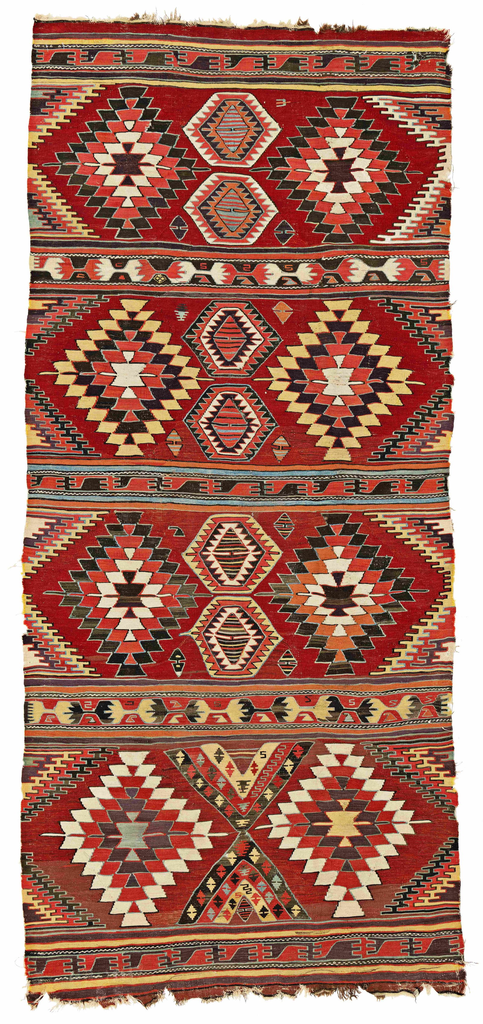 Konya Kilim: Konya Kilim 370 x 164 cm (12' 2" x 5' 5") Turkey, late 19th century Condition: good, partially incomplete all around, scattered small repairs Warp: wool, weft: wool
