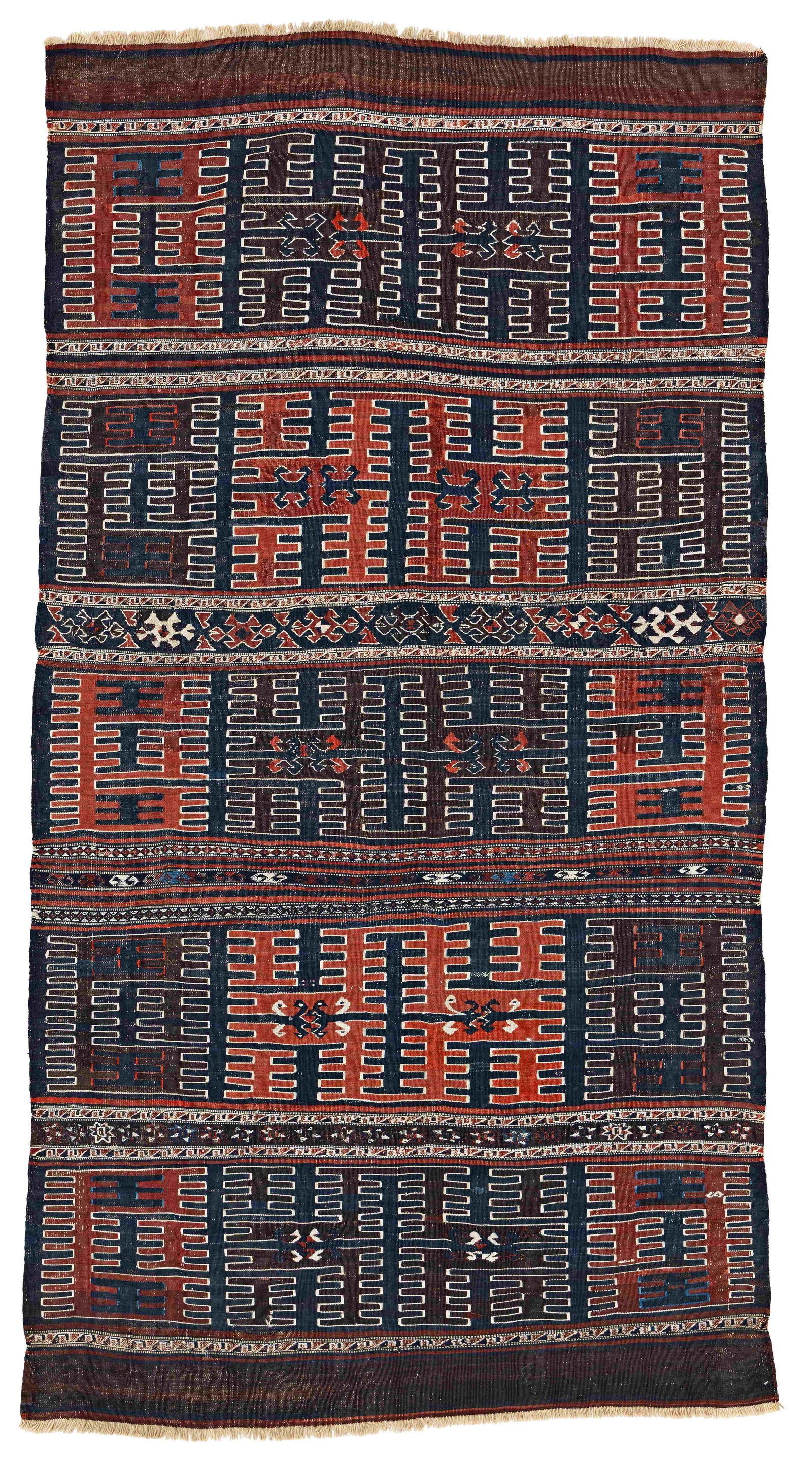 Yüncü Kilim: Yüncü Kilim 246 x 132 cm (8' 1" x 4' 4") Turkey, late 19th century Condition: good, several professional restorations, abrasions, signs of use Warp: wool, weft: wool and cotton