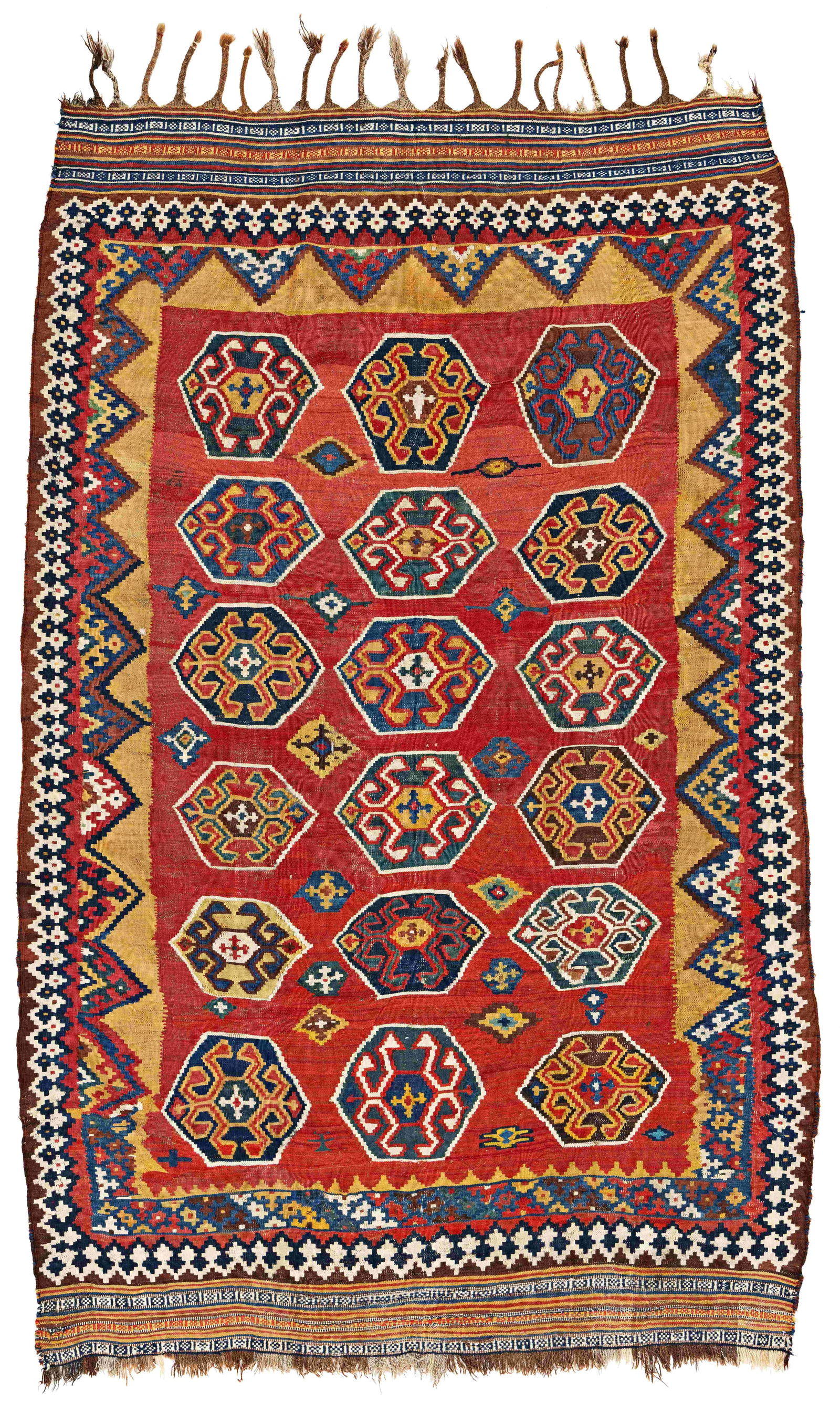 Qashqai Kilim: Qashqai Kilim 246 x 156 cm (8' 1" x 5' 1") Persia, ca. 1920 Condition: used, scattered small repairs, scattered small holes, abrasions and signs of use Warp: wool, weft: wool