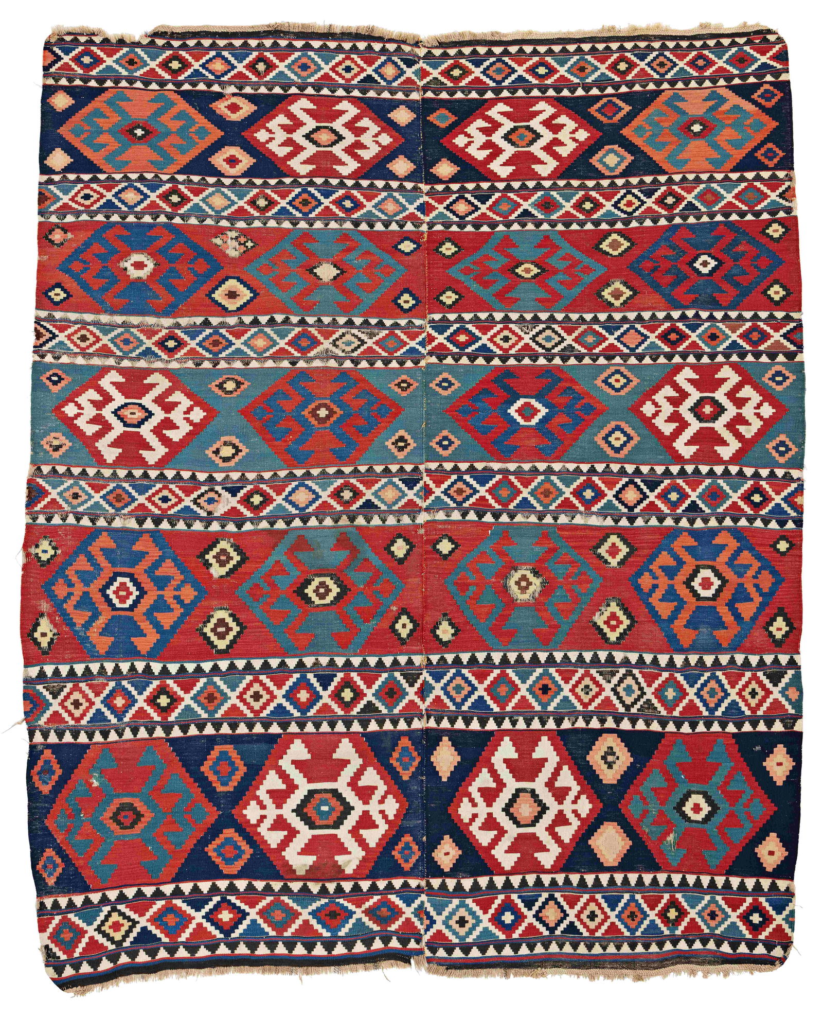 Kuba Kilim: Kuba Kilim 255 x 210 cm (8' 4" x 6' 11") Caucasus, late 19th century Condition: used, partially corroded dark brown, scattered small holes and missing parts, scattered small repairs, slightly stained,