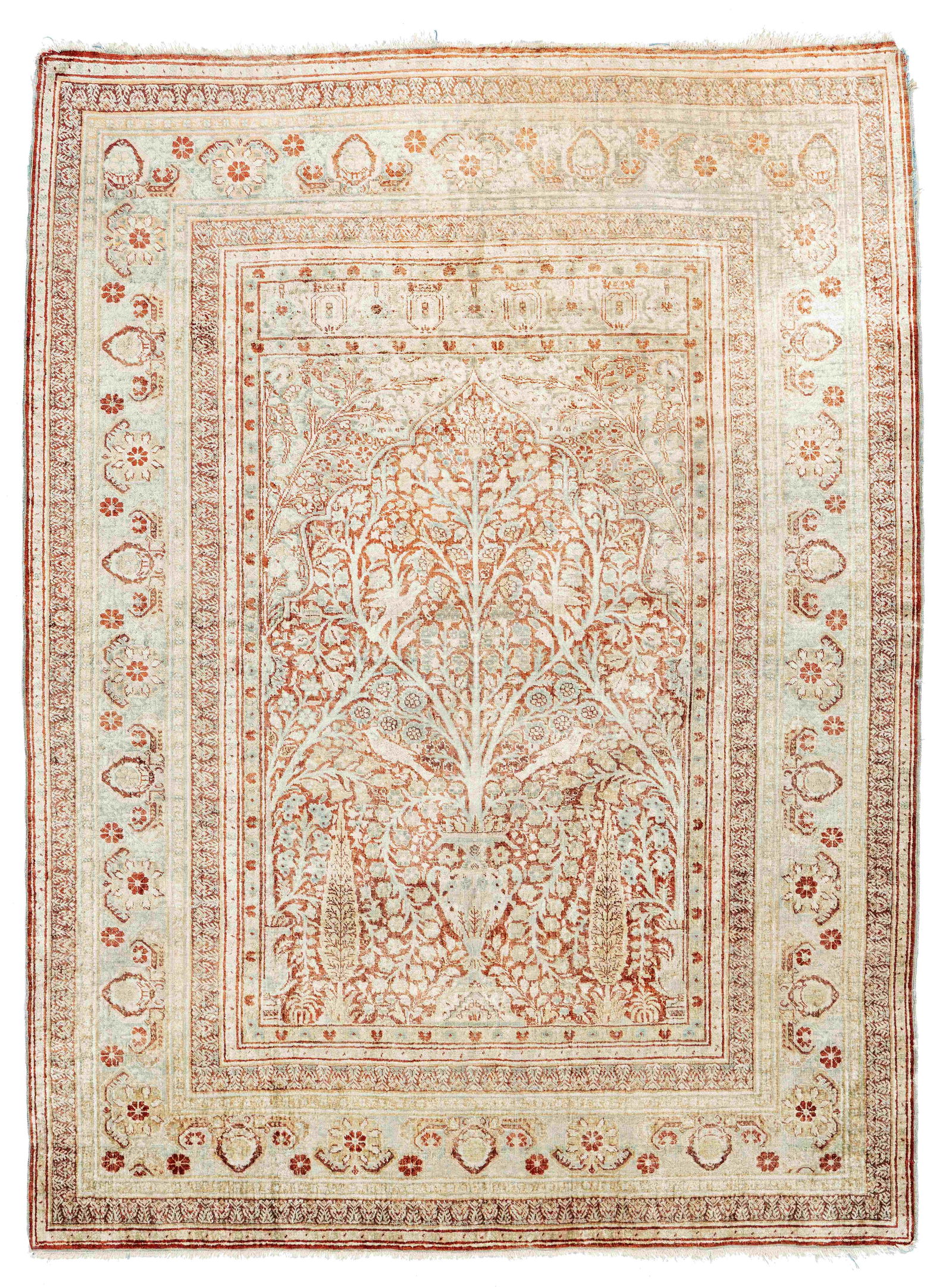 Silk Tabriz Rug: Silk Tabriz 168 x 125 cm (5' 6" x 4' 1") Persia, ca. 1920 Condition: good, low pile in places, signs of use at sides and ends Warp: silk, weft: silk, pile: silk