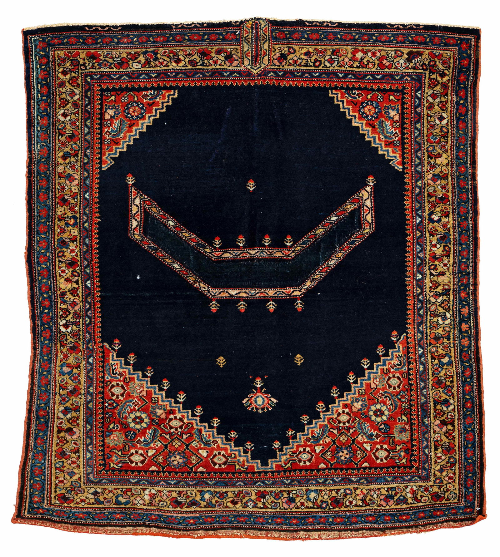 Senneh Saddle Cover: Senneh Saddle Cover 110 x 98 cm (3' 7" x 3' 3") Persia, ca. 1900 Condition: good, good pile, scattered small repairs, selvages rebound Warp: cotton, weft: cotton, pile: wool