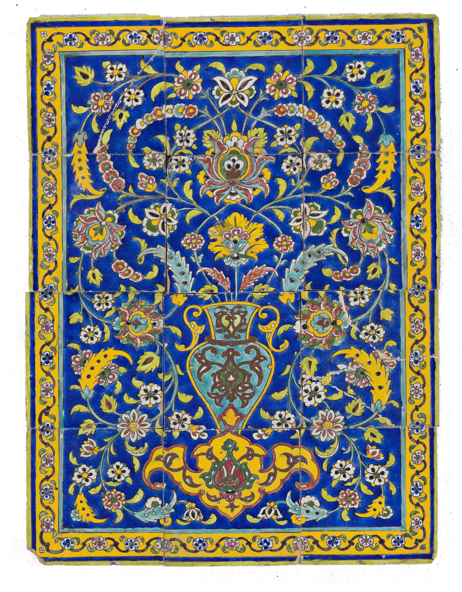 Twelve Qajar Cuerda Seca Pottery Tiles: Twelve Qajar Cuerda Seca Pottery Tiles 20 x 20 cm per tile (80 x 60 cm together) 8" x 8" per tile (2' 7" x 2' together) Persia, 19th century Condition: used, two tiles are broken, signs of use