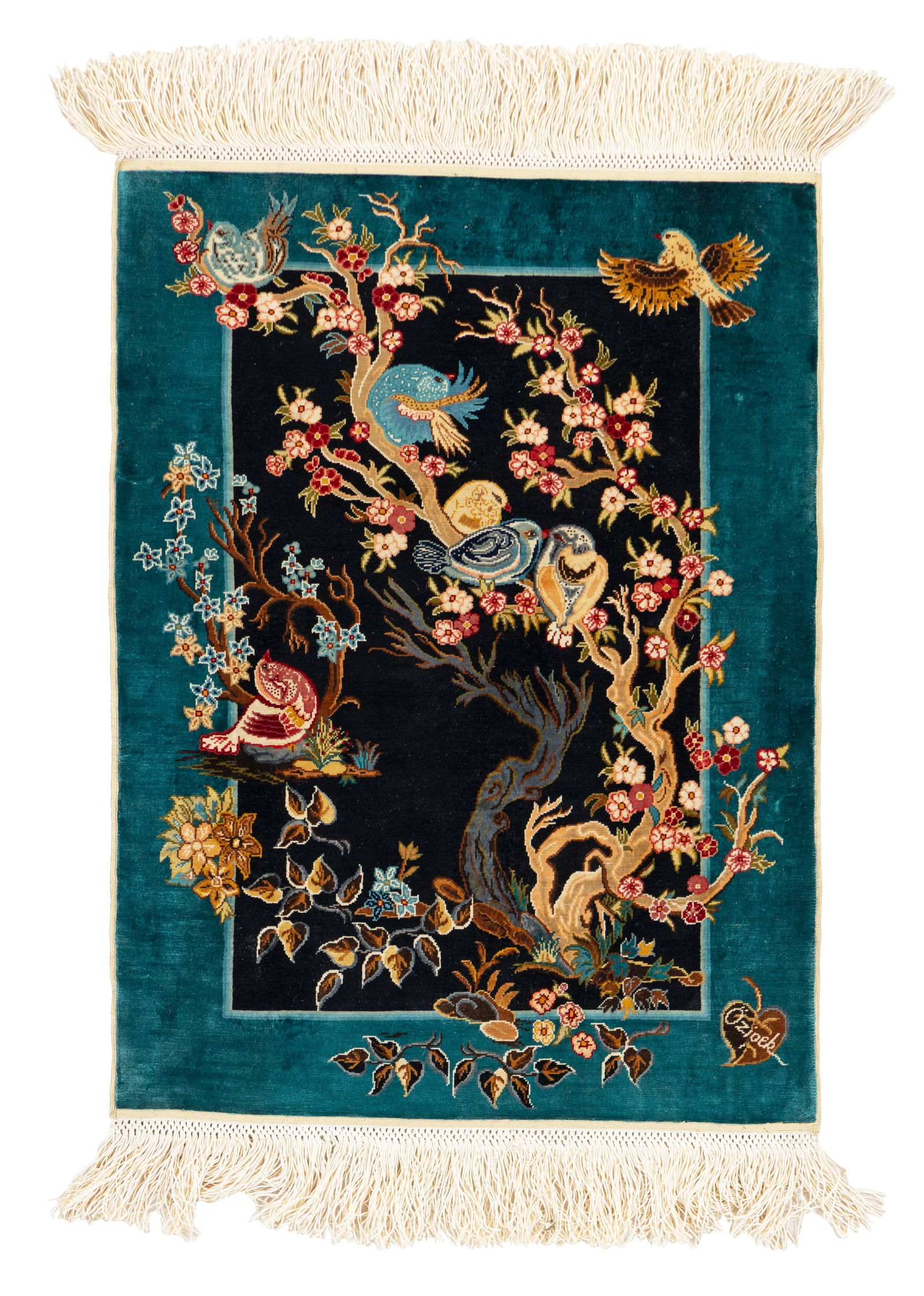 Signed Silk Hereke Özipek Rug (14 x 14 knots per sq cm): Signed Silk Hereke Özipek (14 x 14 knots per sq cm) 46 x 34 cm (1' 6" x 1' 1") Turkey, late 20th century Condition: excellent Warp: silk, weft: silk, pile: silk