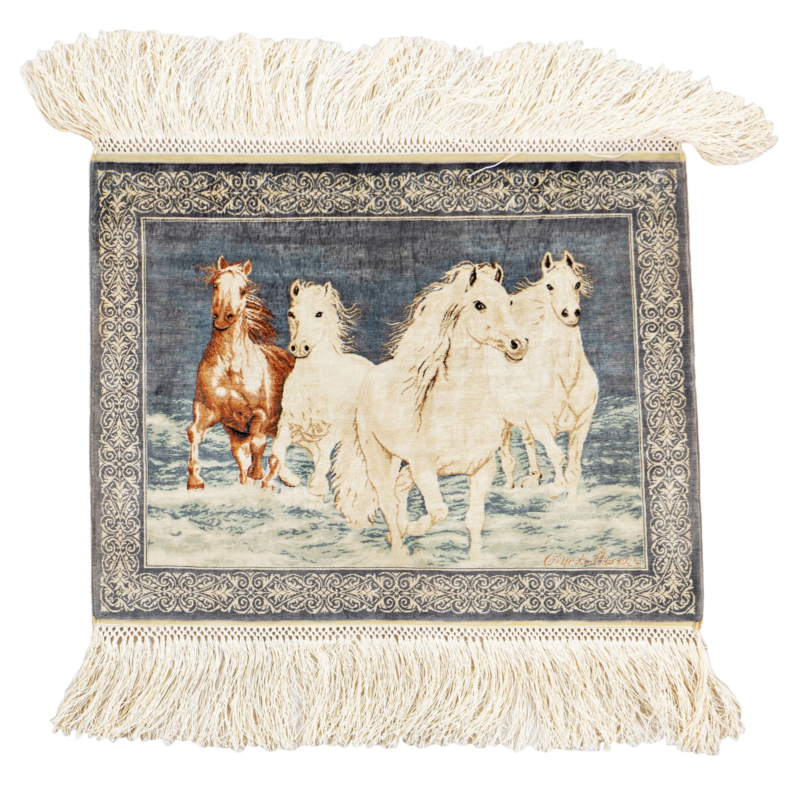 Signed Silk Hereke Özipek Rug (20 x 20 knots per sq cm): Signed Silk Hereke Özipek (20 x 20 knots per sq cm) 26 x 33 cm (10" x 1' 1") Turkey, late 20th century Condition: excellent Warp: silk, weft: silk, pile: silk