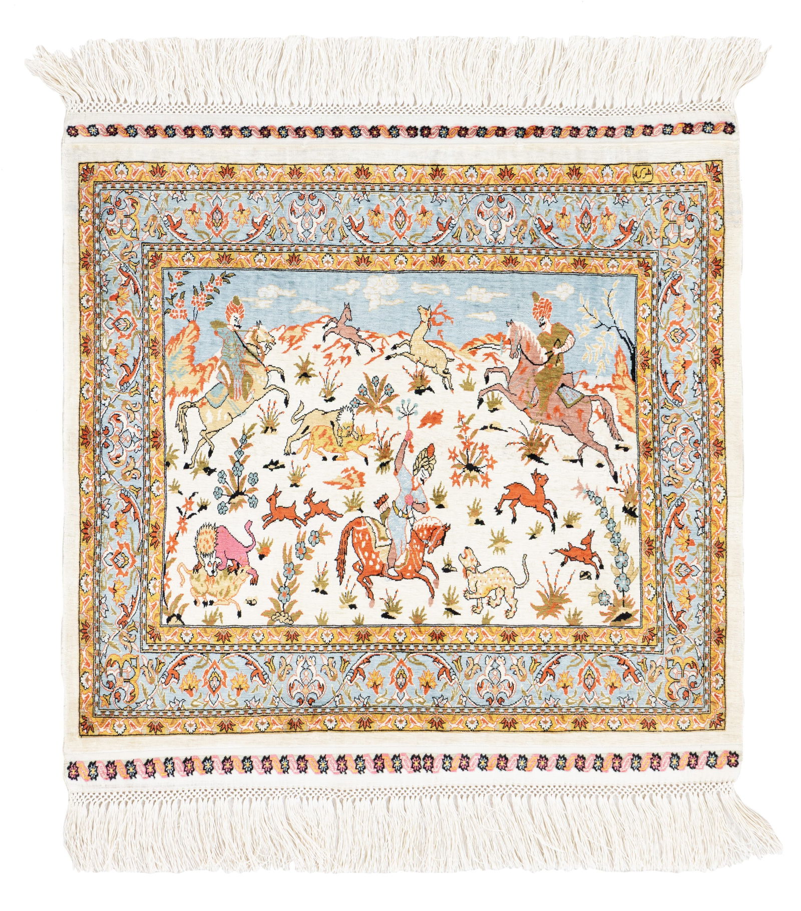 Signed Silk Hereke Rug (20 x 20 knots per sq cm): Signed Silk Hereke (20 x 20 knots per sq cm) 43 x 47 cm (1' 5" x 1' 7") Turkey, late 20th century Condition: excellent Warp: silk, weft: silk, pile: silk