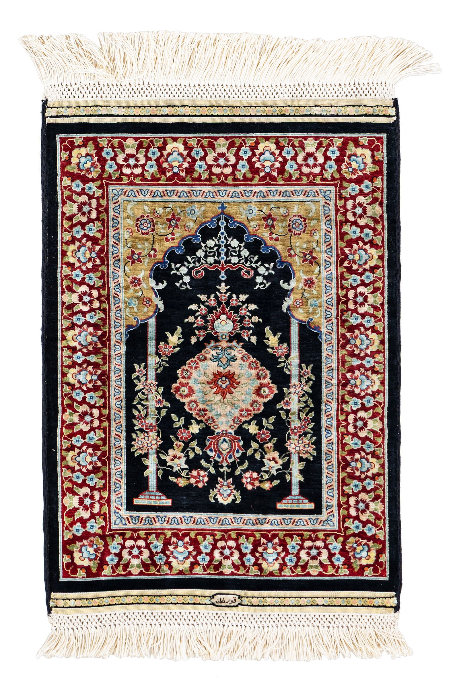Signed Silk Hereke Rug (14 x 14 knots per sq cm): Signed Silk Hereke (14 x 14 knots per sq cm) 39 x 29 cm (1' 3" x 11") Turkey, late 20th century Condition: excellent Warp: silk, weft: silk, pile: silk