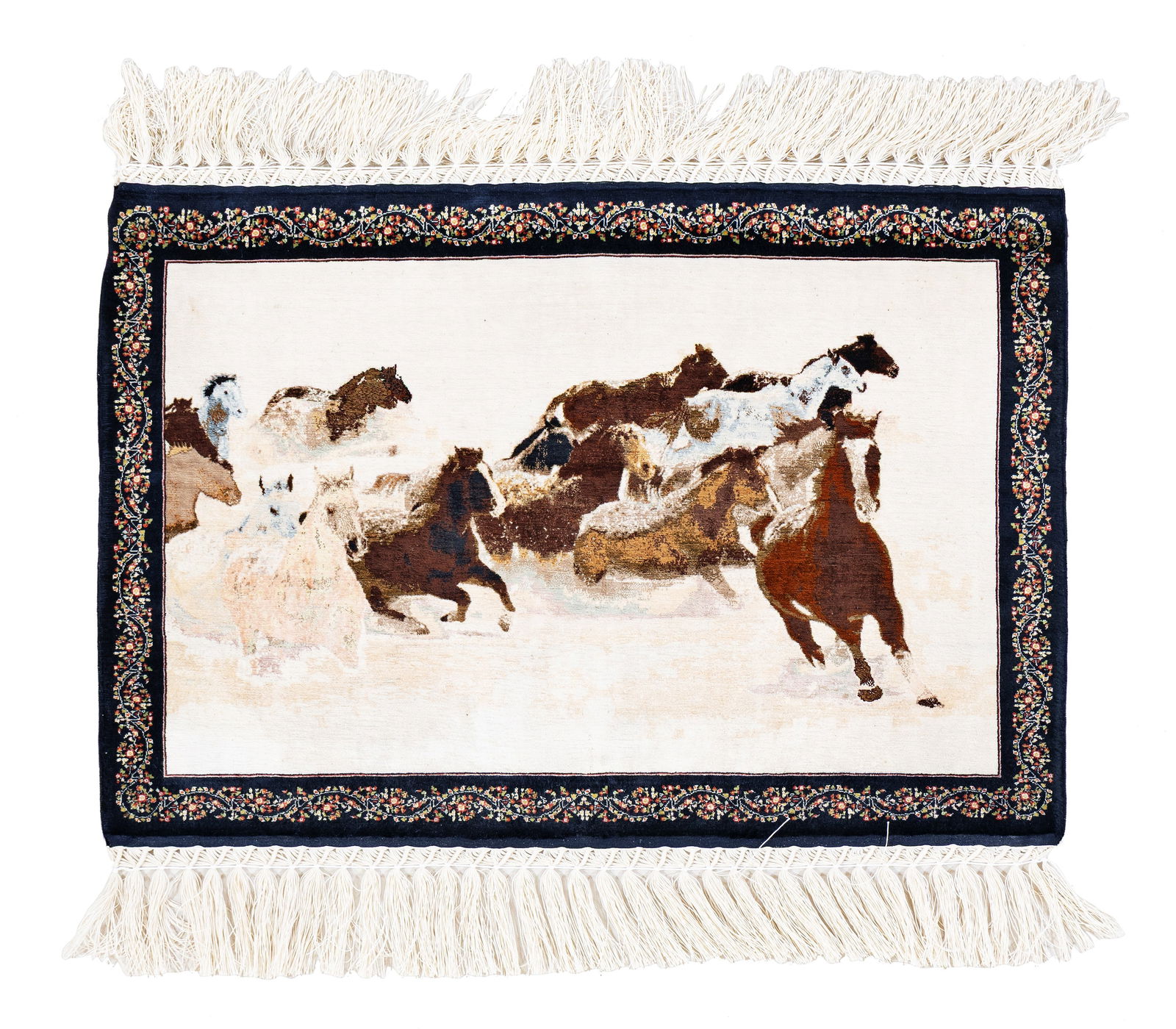 Silk Hereke Rug (20 x 20 knots per sq cm): Silk Hereke (20 x 20 knots per sq cm) 46 x 32 cm (1' 6" x 1' 1") Turkey, late 20th century Condition: very good, full pile, minor signs of use Warp: silk, weft: silk, pile: silk