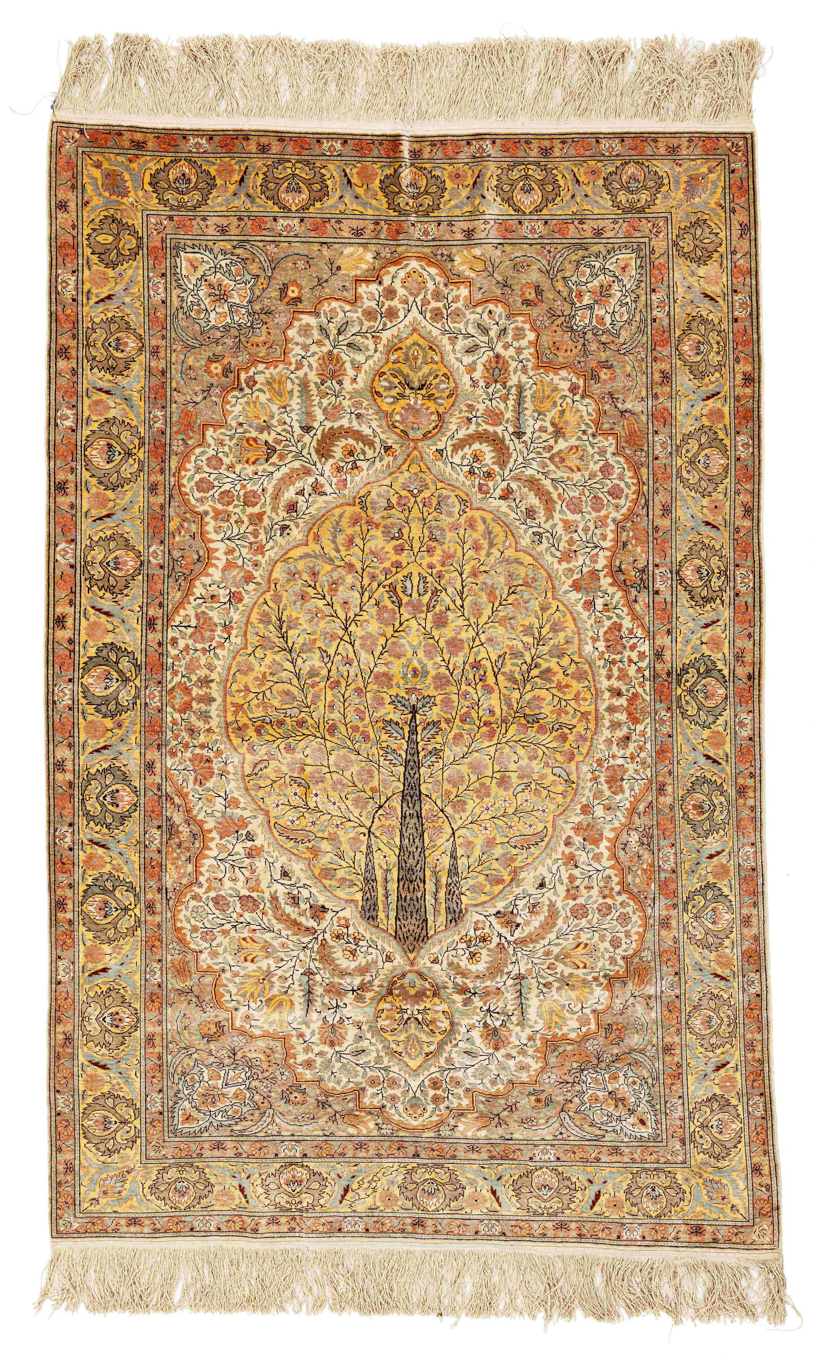 Silk Kayseri Rug: Silk Kayseri 177 x 115 cm (5' 10" x 3' 9") Turkey, ca. 1970 Condition: very good, full pile, minor signs of use Warp: silk, weft: silk, pile: silk
