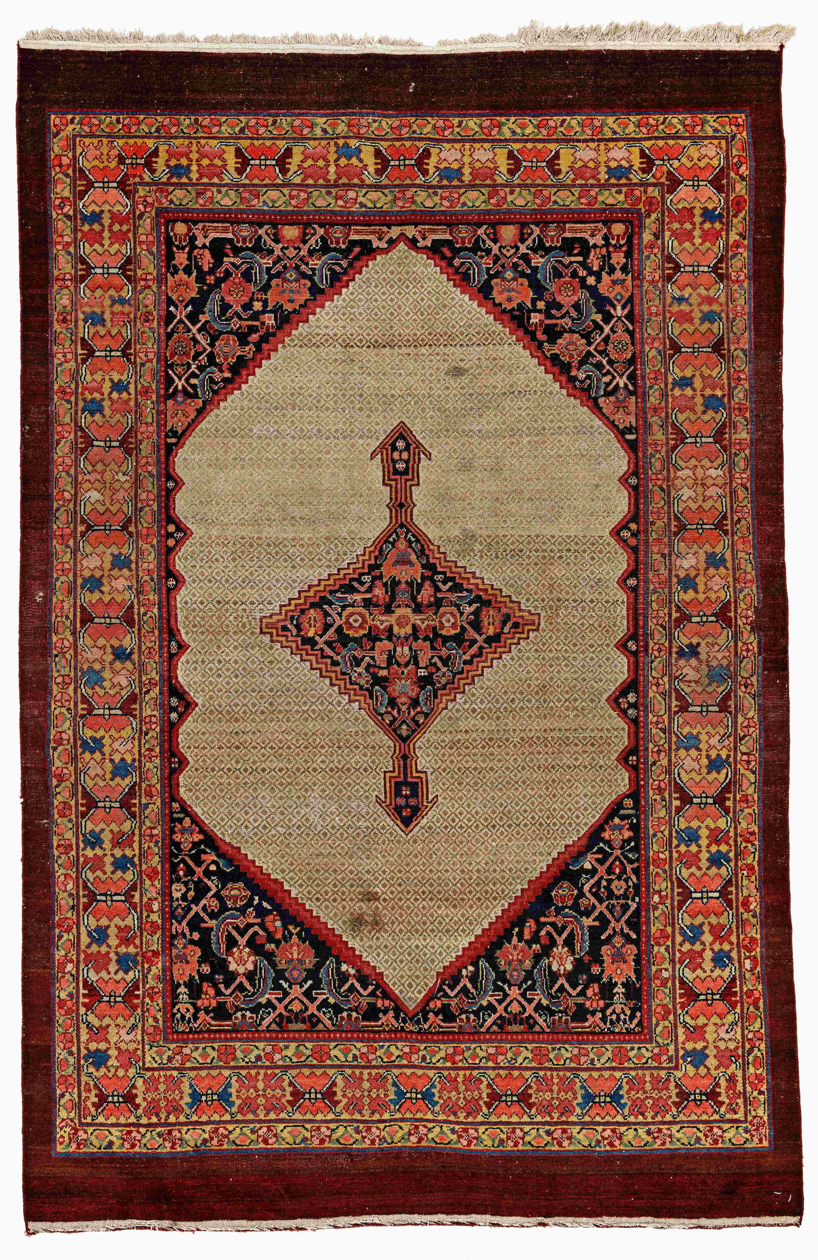 Hamedan Carpet: Hamedan 276 x 181 cm (9' 1" x 5' 11") Persia, ca. 1920 Condition: good, low pile, scattered small repairs, slightly stained, signs of use Warp: cotton, weft: cotton, pile: wool
