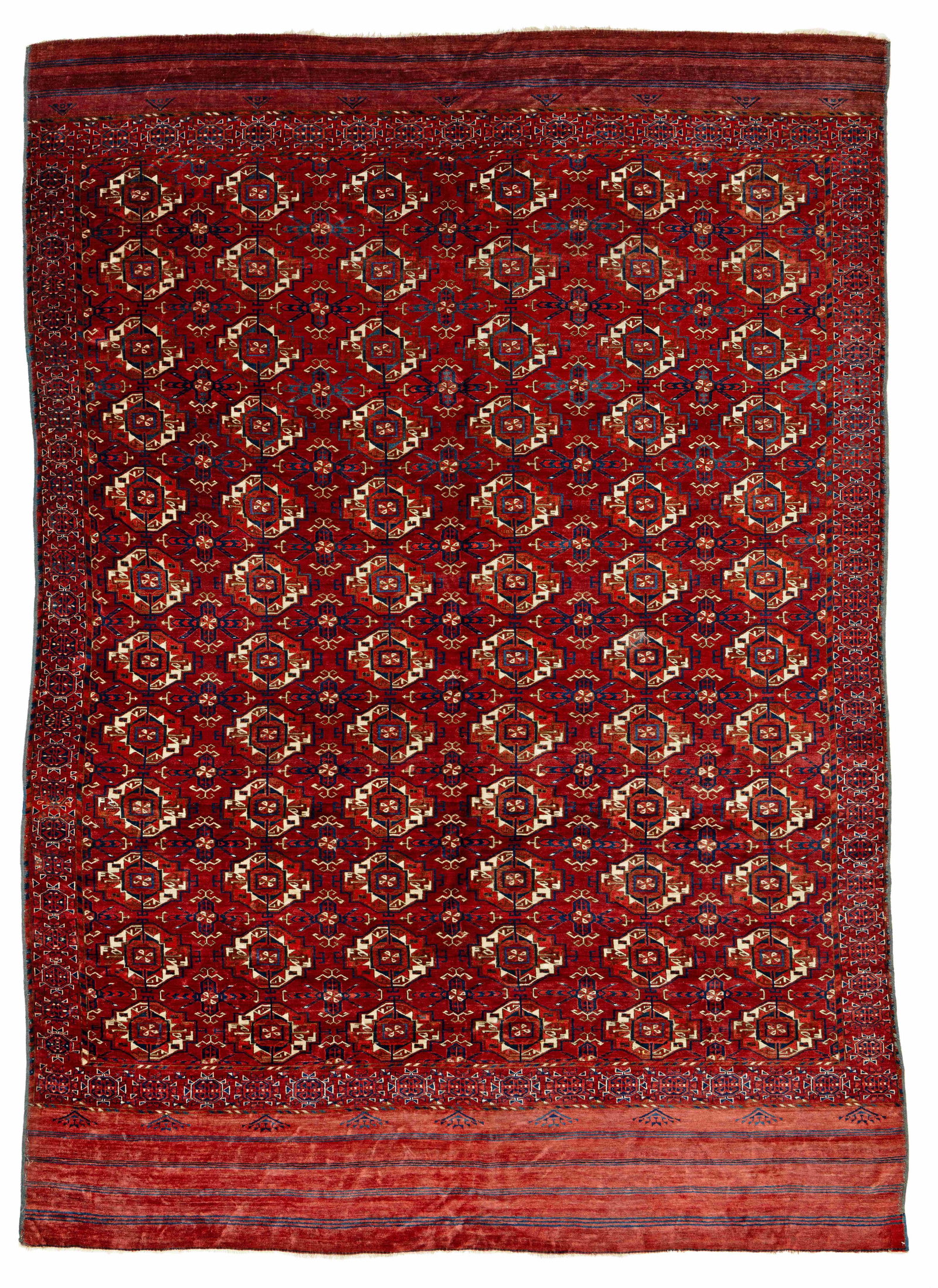 Fine unusual Tekke Main Carpet with Chuval-Gols and piled Elems (1 of 6)