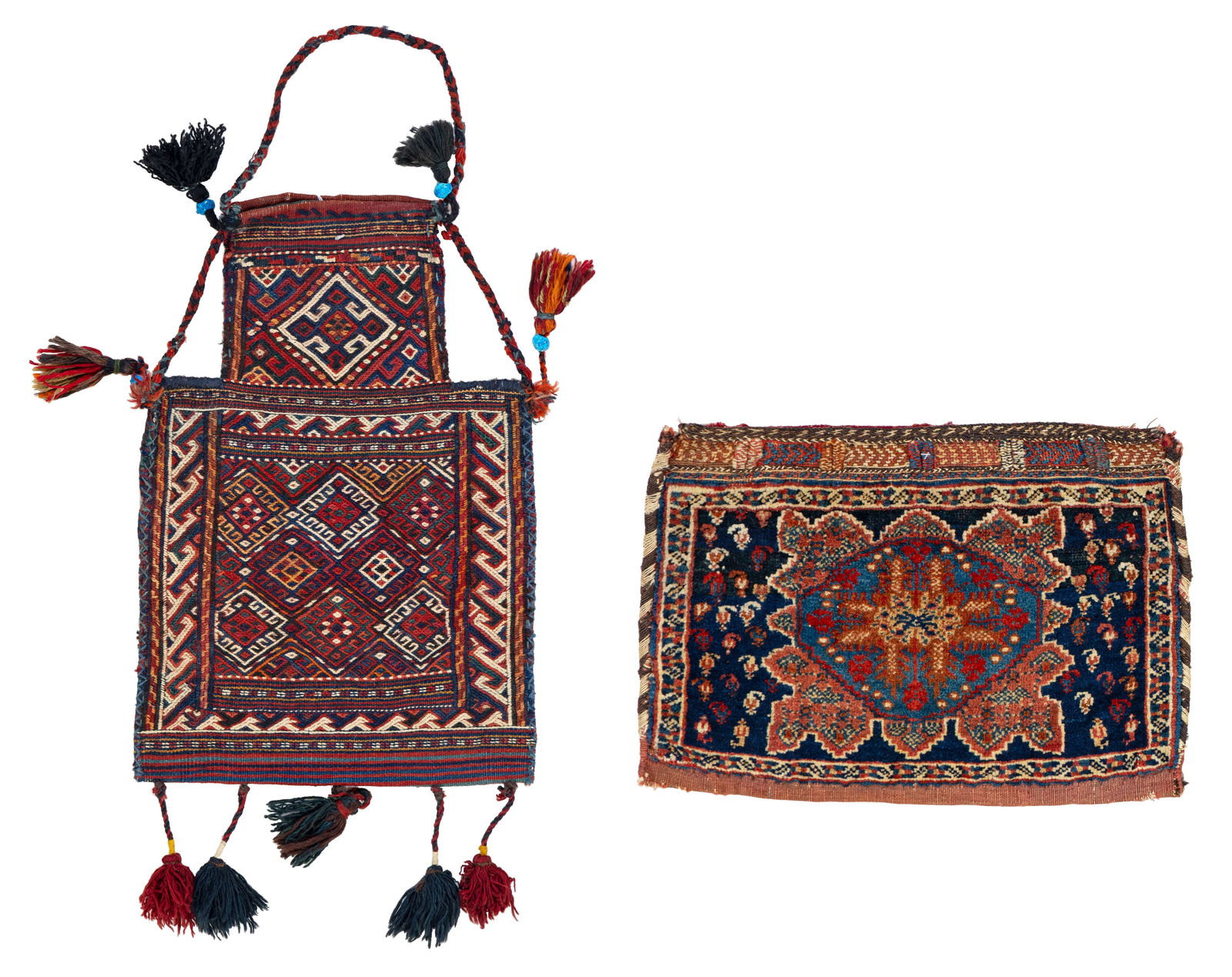 A Kordi Soumak Namakdan and an Afshar Bag: A Kordi Soumak Namakdan and an Afshar Bag 50 x 33 cm and 45 x 32 cm (1' 8" x 1' 1" and 1' 6" x 1' 1") Persia, early 20th century Condition: good, scattered low pile, signs of use Warp: wool, weft: