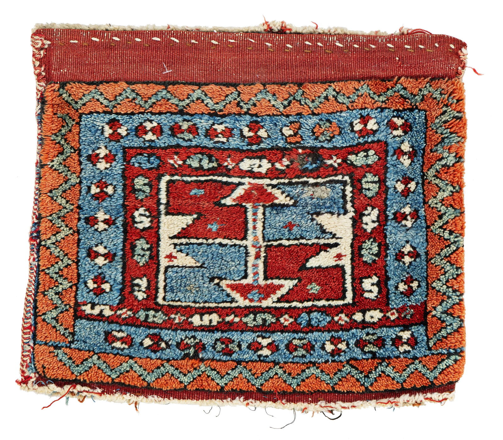 Bergama Heybe Half: Bergama Heybe Half 43 x 38 cm (1' 5" x 1' 3") Turkey, ca. 1900 Condition: good, good pile, scattered small repairs, signs of use Warp: wool, weft: wool, pile: wool