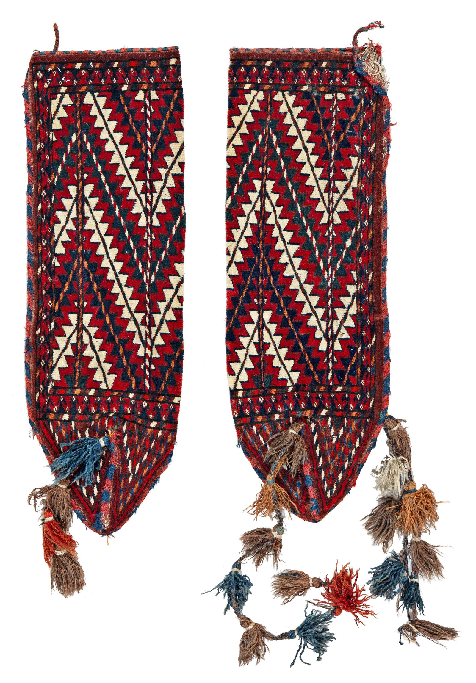 A Pair of Yomut Okbash: A Pair of Yomut Okbash 77 x 26 cm (2' 6" x 10") each Turkmenistan, late 19th century Condition: good, mostly good pile, some small moth damage, slight signs of use Warp: wool, weft: wool, pile: wool